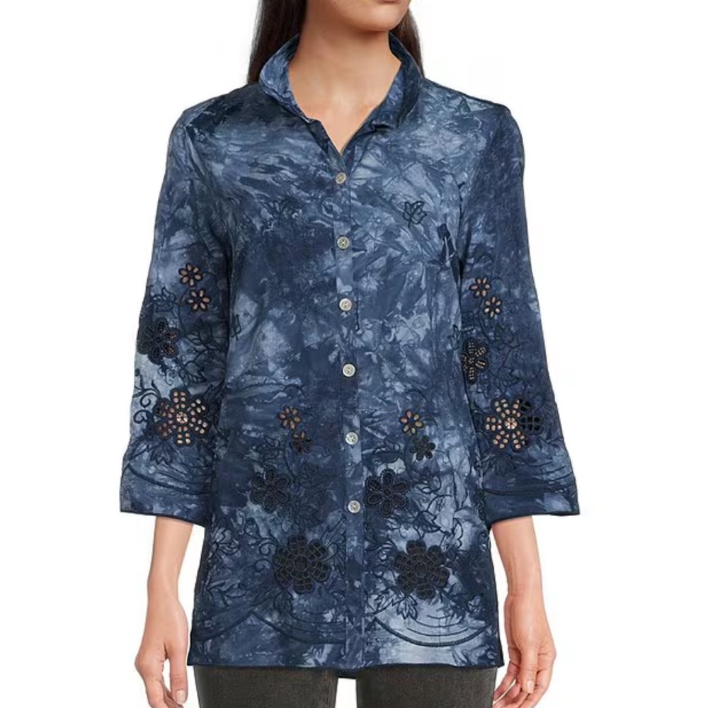 John Mark Tie Dye Print Floral Embroidered 3/4 Sleeve Point Collar Tunic 0X 16W
